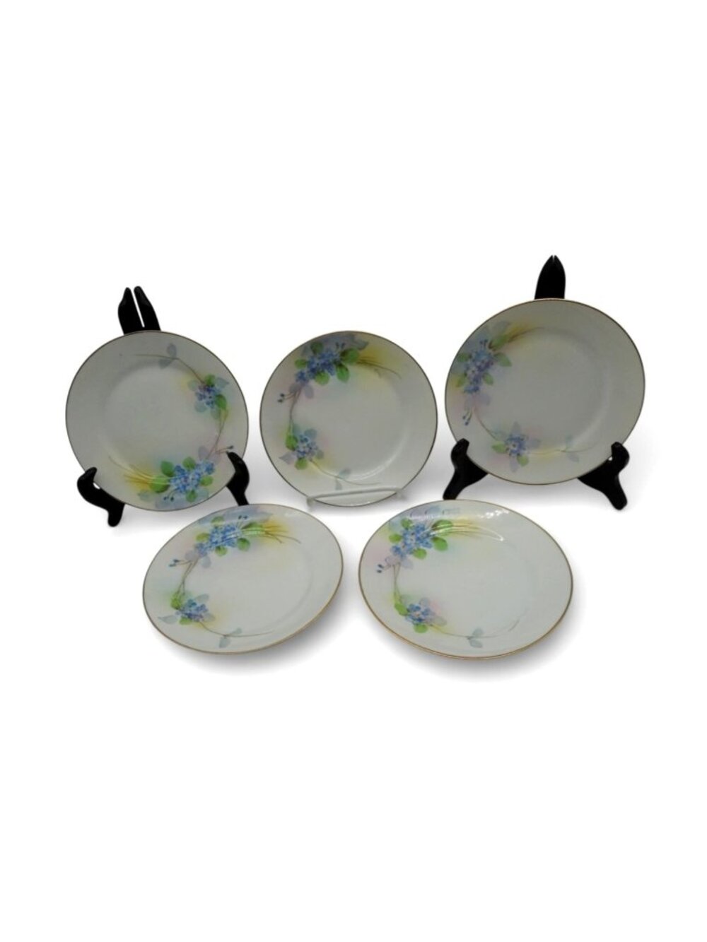 Antique Nippon Forget Me Not 5 Dessert Plates Blue Floral Japan 6.5"
